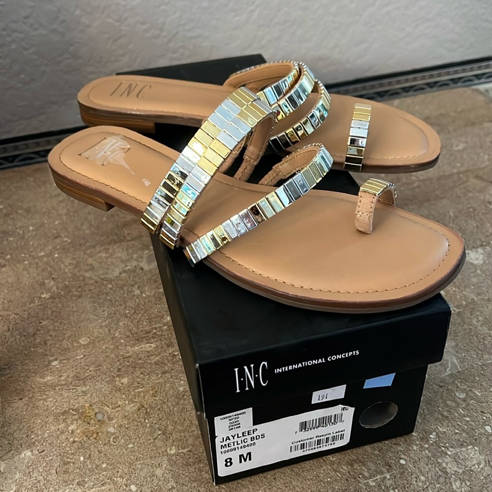 Inc Jaylee Embellished Toe-Ring Flat Sandals-METALLIC 8M